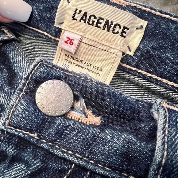 L’AGENCE Jolene Denim Raw Edge Mini Skirt Destructed Newberry Blue - Picture 5 of 9